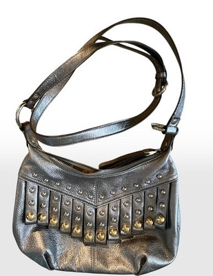 B. Makowsky Purse 100% Leather Metallic Studs Silver Gold Gray Adjustable Strap