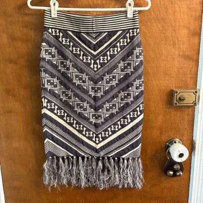 Anthropologie Isla Maude Fringe Blanket Knit Skirt Blue White Geometric Funky XS