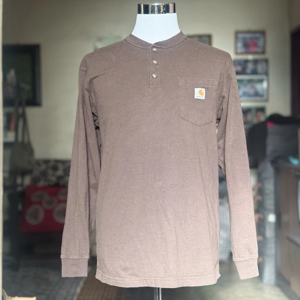 Carhartt K128 DKB Henley Shirt Long Sleeve Pocket Workwear Brown Men's Medium - Image 1 of 4