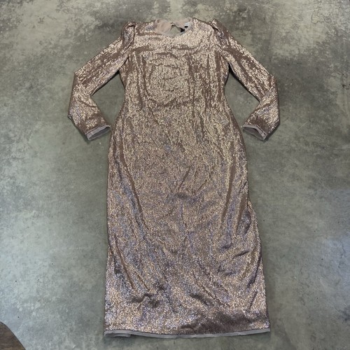 Rachel Zoe Dress Womens 10 Sequin Jeane Champagne Midi Cut Out Back Long Sleeve