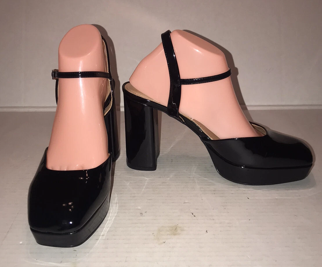 NWOB Marc Fisher Nazira Black Patent Leather Ankle Strap Platform