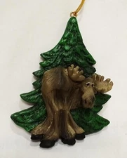 Moose Standing Pine Tree Christmas Ornament 4" Wild Animal Brown Green Woods