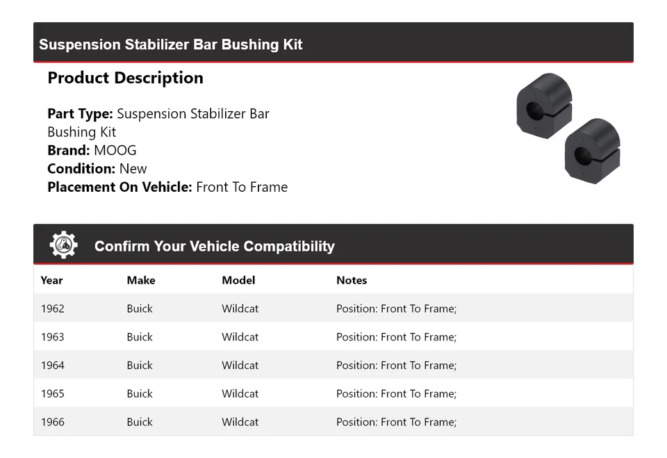 For 1962-1966 Buick Wildcat Suspension Stabilizer Bar Bushing Kit MOOG 1962 1963 - Image 2 of 4