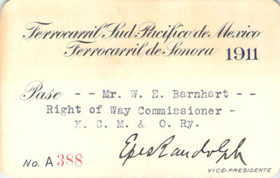 MEXICO PACIFIC & SONORA  1911  LOW # 388   RAILROAD RR RWY RY RAILWAY PASS