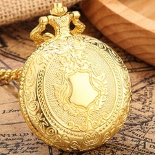 Steampunk Shield Design Quartz Pocket Watch Necklace Pendant Chain for Women Men