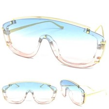 Classic Elegant Modern Retro Shield SUNGLASSES Large Gold Frame Blue  Pink Lens