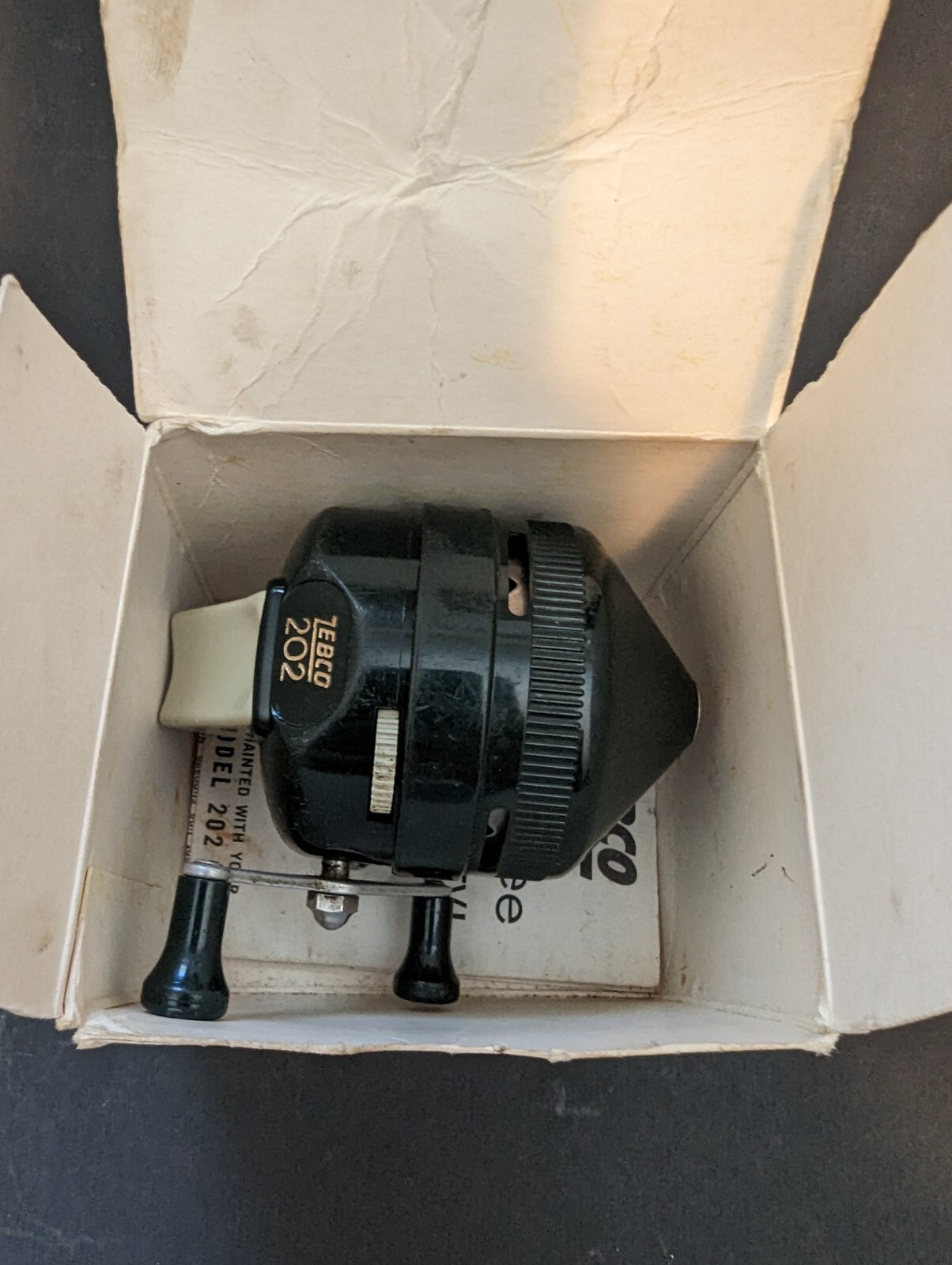 Vintage Zebco 202 Zee Bee Metal Foot Spinning Reel with Box & Paper Insert!