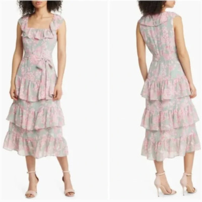 Eliza J Tiered Midi Dress Mint Pink Floral Tie Waist Ruffle Chiffon Size 8 NEW