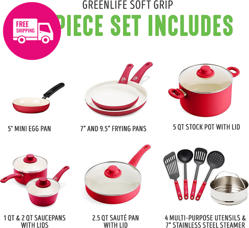 16-Piece Soft Grip Ceramic Nonstick Cookware Set PFAS-Free Red Dishwasher Safe - Picture 3 of 12