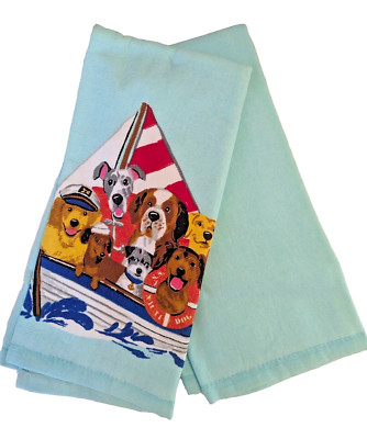 Isaac Mizrahi Sailing Dogs Kitchen Towels on Patriotic Ship 2-pc Teal Blue Gift