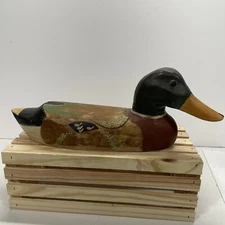 Carved Wooden Mallard Drake Duck Decorative Decoy 12.5” Glass Eyes