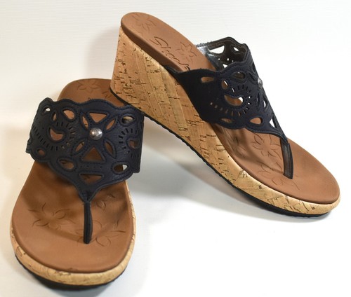Skechers Black Cork Wedge Sandals Luxe Foam Slip On Women's Size 6 US~Excellent! | eBay