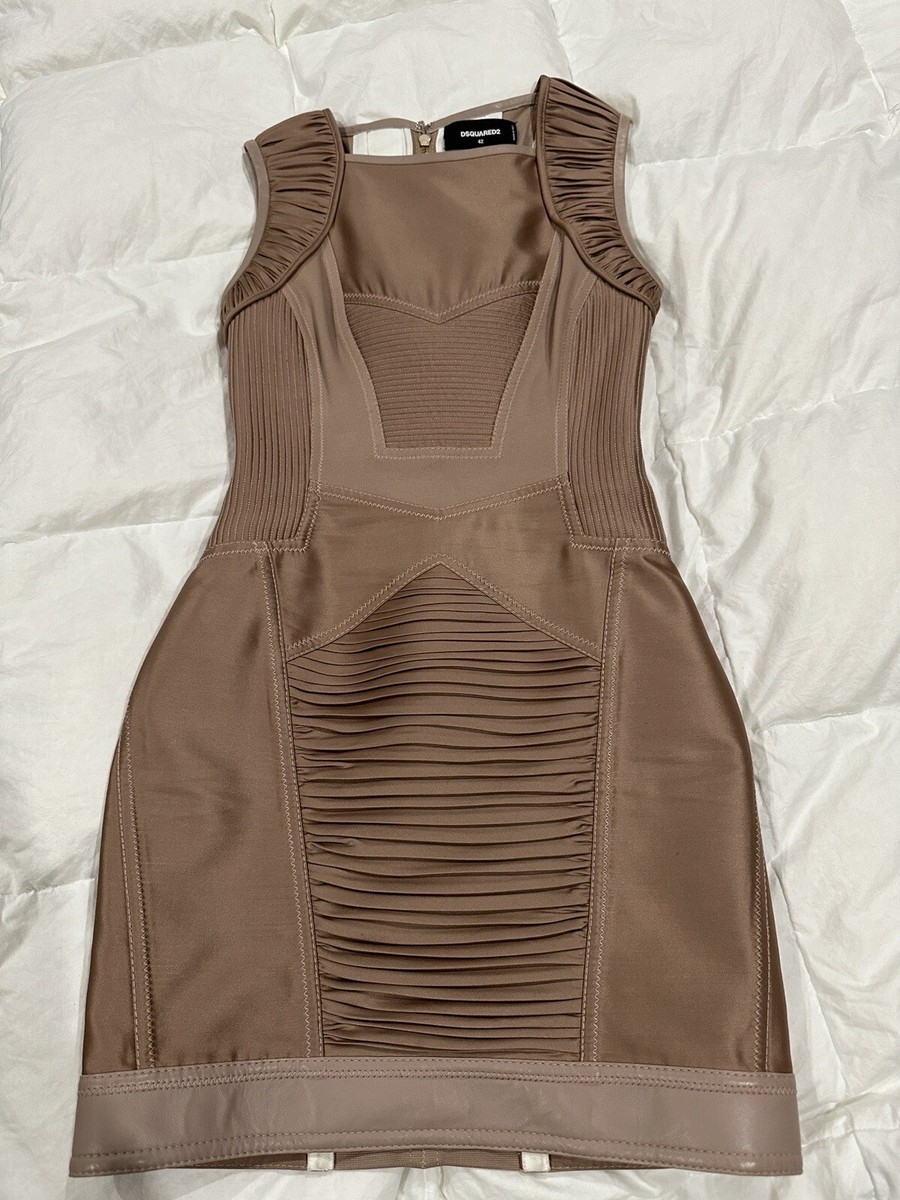 DSQUARED2 Made in Italy IT42 Champagne/Beige Dress- Wool/Silk & Leather Accents