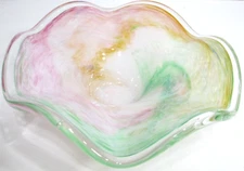Decorative Art Glass Centerpiece Bowl Swirl Pastel Pink Green Orange White 11" D