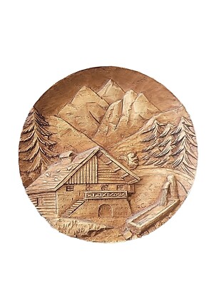 Handgemalt Decore HandMade In France Round Wood Carving 1979 Cabin Mountain SIC