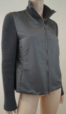 AKRIS PUNTO graue glänzende Jacke mit Wolle gerippte Ärmel & Kragen Gr:40; UK12;