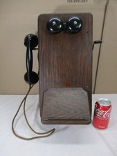 Vtg Oak/Walnut Hand Crank Wall Mount Phone Telephone & Ringer Box ELECTRIFIED