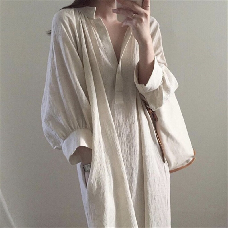 knee length dresses for ladies V-neck dress with pleated sleeves and loose fit main image 1