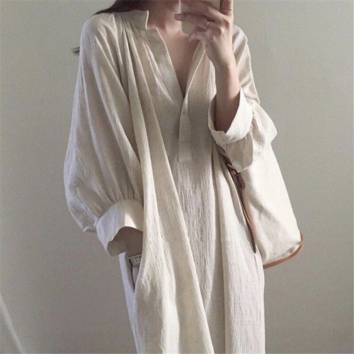 Women's Fashion Cotton Linen Shirt Dresses Long Maxi V-Neck Loose Soft Apricot - Picture 3 of 4