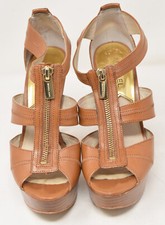 Michael Kors Berkley Platform Shoes Luggage Brown Leather T Strap Zipper Sandal