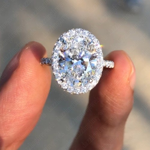 3.25Ctw Oval Cut Moissanite Halo Engagement Ring In Solid 14K White Gold - Picture 3 of 15