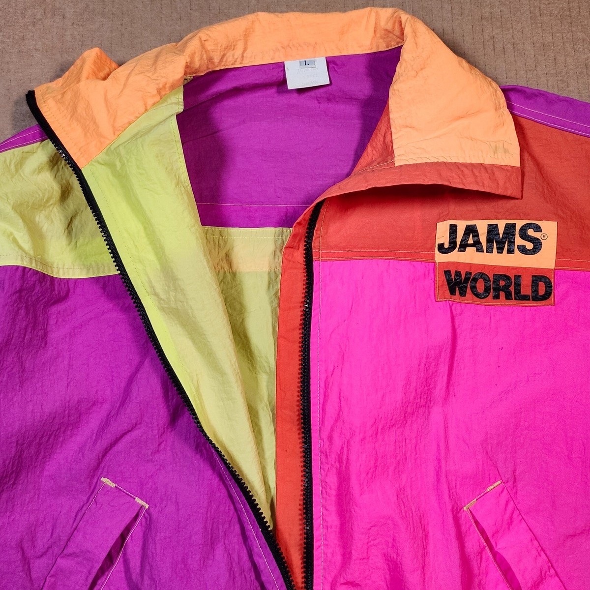 Vintage Jams World Color Block Neon Windbreaker Jacket Mens Lg