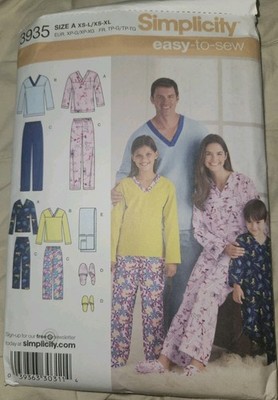Simplicity 3935 XS-XL EASY Family Pajamas Slippers PJ Sleep Shirt Pant Pattern