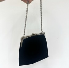 Vintage Black Velvet Evening Clutch Silver Floral Accent Chain Hinge Opening