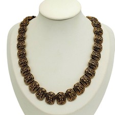 Ornate Antique Gold Tone Collar Necklace Panel Filigree Chunky Victorian Revival