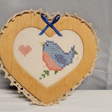 Vintage Cross Stitch Picture  Blue Finch and Heart  Framed~ Lace Handmade 