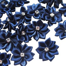 40 Pcs Navy 28mm Ribbon Flowers Bows with Rhinestone Wedding Ornament Appliques
