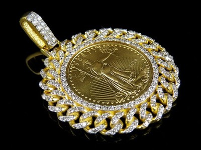 24K Yellow Gold Coin Lady Liberty 1/4 Ounce Solid Link Diamond Pendant 1.80 Ct