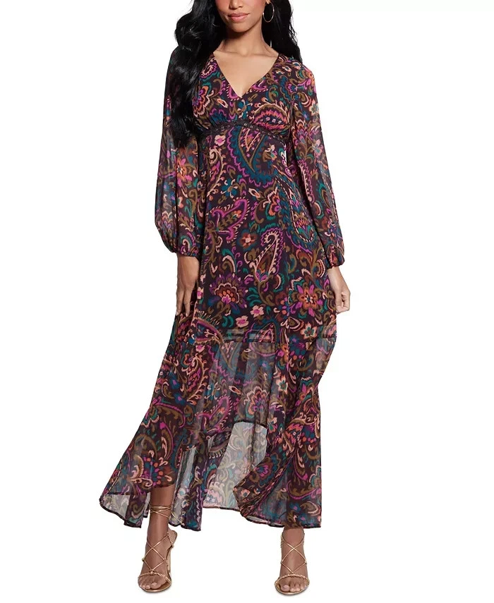 Guess Longsleeve Scarf Print Chiffon Maxi Dress Vestito Casual Donna