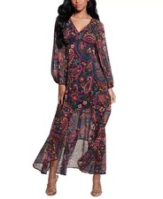 GUESS Women's Bianca Paisley-Print High-Low Chiffon Dress Cocktail Party Plum 2