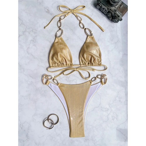 Neu Diamant Strass Leopard Bikini Damen Bademode Zweiteiliges Bikini Set - Bild 15 von 34