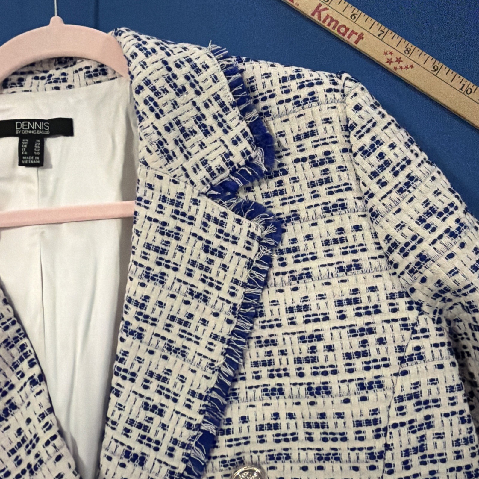 Dennis Basso Tweed Notched Lapel Jacket Size 16 Blue / White Fray Lined - New