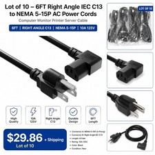 Lot of 10 6FT Right Angle IEC C13 to NEMA 5-15P AC Power Cords Computer Monitor