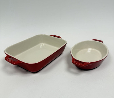 (2) Staub Small Ceramic Small Baking Casserole Dishes - RED - No Chips!