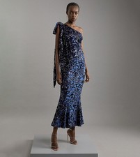 Karen Millen Petite Velvet Sequin One Shoulder Evening Maxi Dress Navy Blue 14