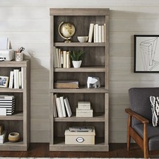 Bookcase 5-Shelf Tall Cabinet Adjustable Shelves Vertical Storage Rustic Gray