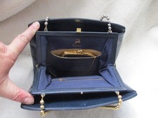 Koret vintage 50-60s Navy blue Leather Bag 2tone bead chain handle coin purse