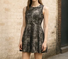 ONE Heart CLOTHING Mini Dress A Line Sleeveless Black On Beige Abstract Size L