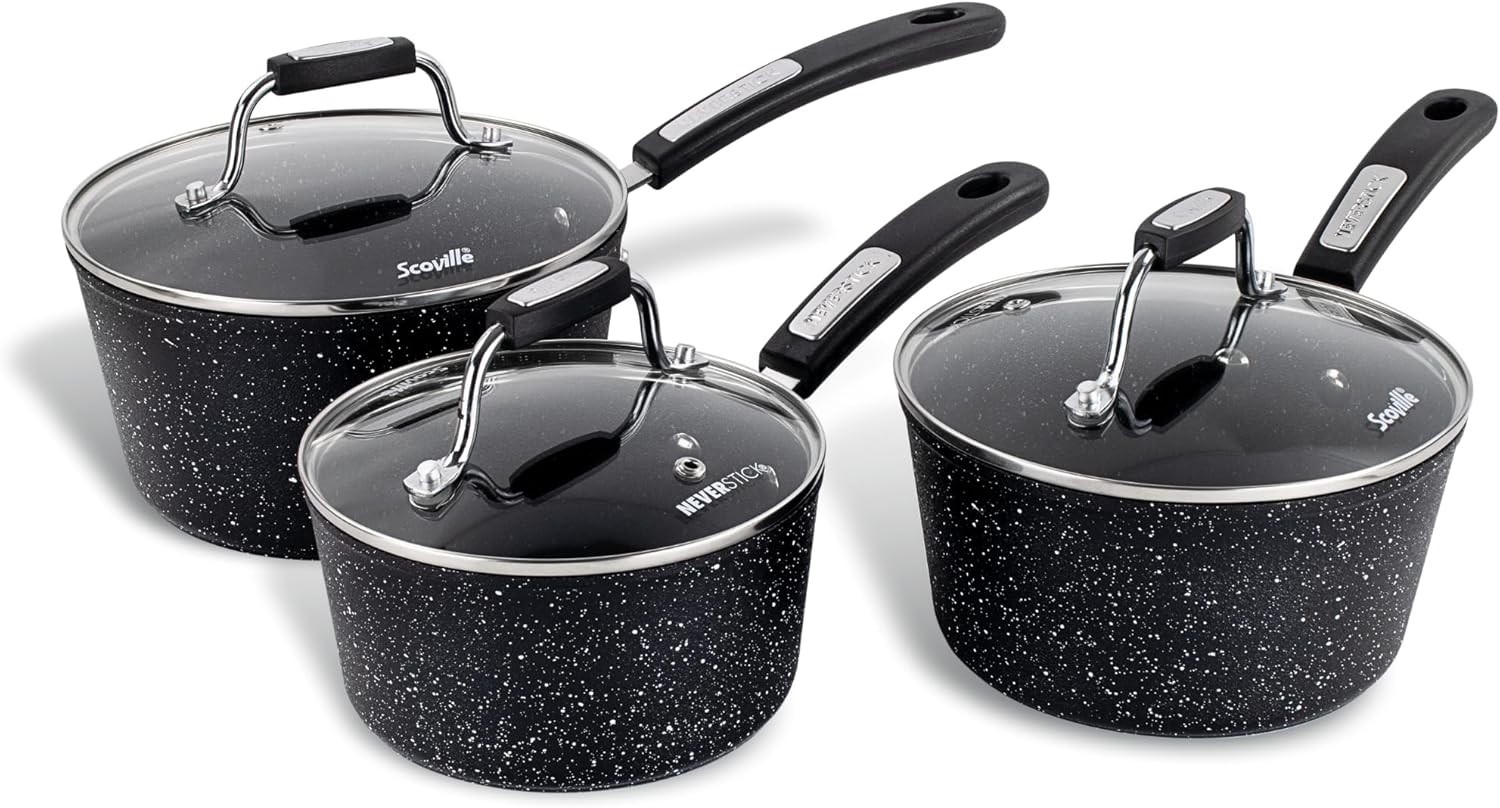Scoville NEVERSTICK 3pcs Saucepan Set with Lids, Non Stick Saucepan Set, 16/18/