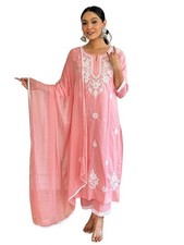 Women Chikankari Work with Pure Cotton Fabric Straight Kurta, Pant and Dupatta