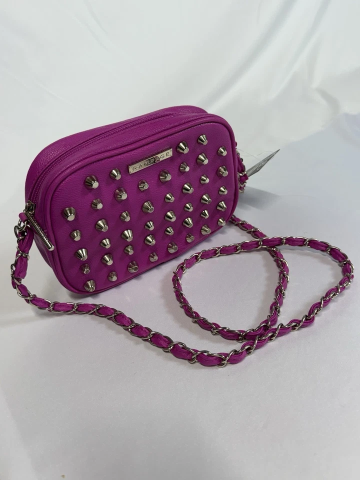 Bolso Bandolera Pequeño para Cámara Rampage Estilo Motociclista Cuero PU Fucsia Plata Tachuelas Foto 4 de 4