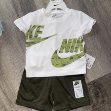NWT Boys Size 12 Nike 2PC Outfit Set White Logo Tee Olive Shorts Athletic Set