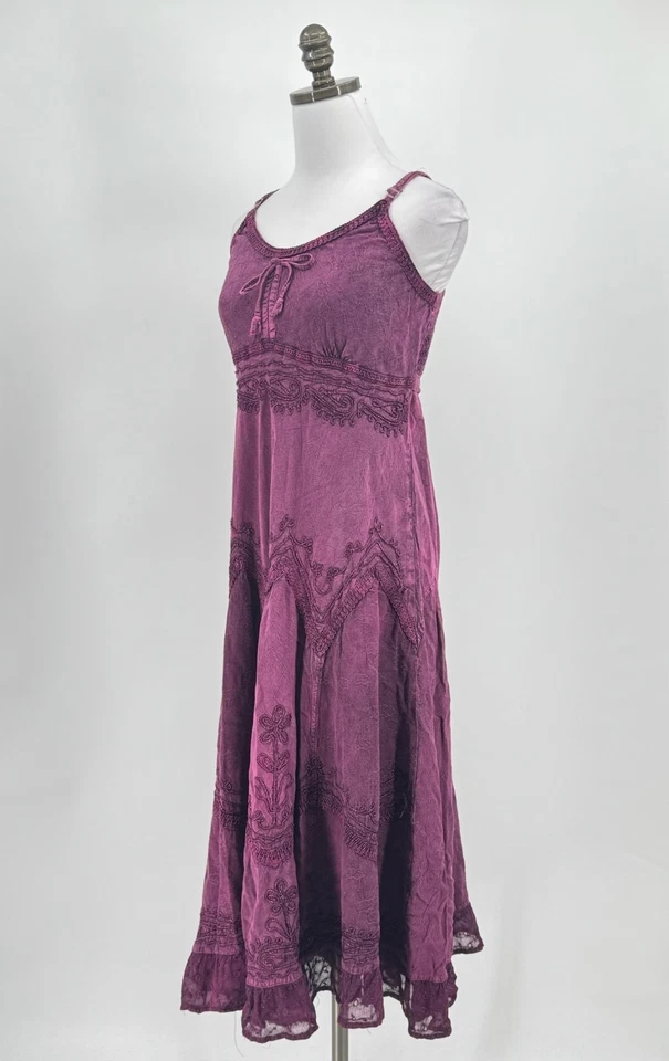 Vestido Sakkas Púrpura Bordado Corbata Boho Tirantes Midi Talla 1X/2X Foto 4 de 4