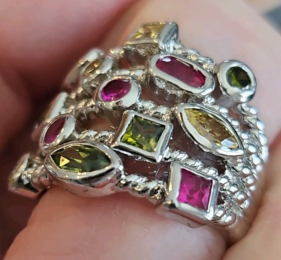 Big Statement Unique Silver Tone Multicolor Stone… - image 6