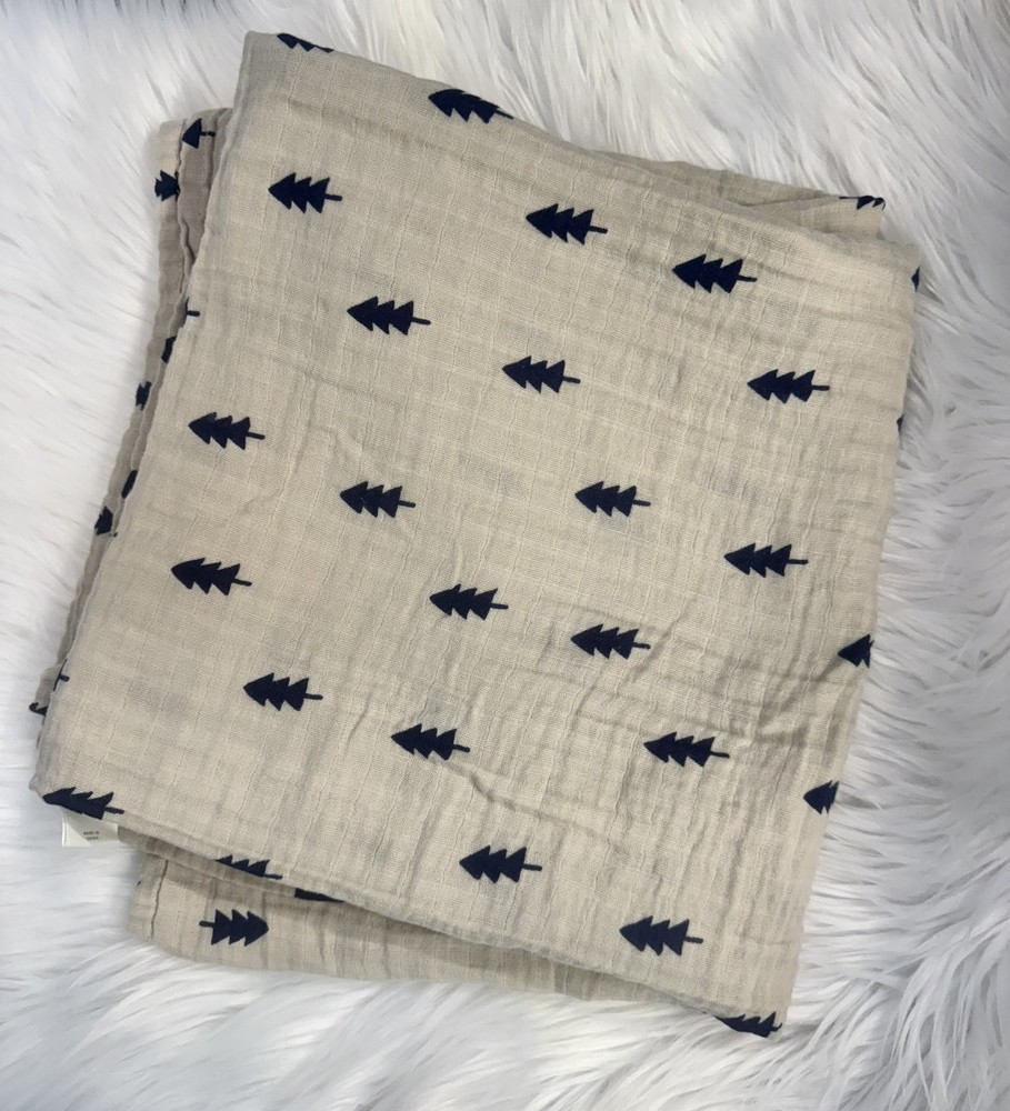 Cloud Island Muslin Swaddle Blanket 47x47 in Beige Brown Cream Blue with Tree Pattern