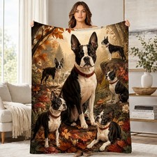 Autumn Boston Terrier Woodland Coral Fleece Blanket Rustic Forest Decor
